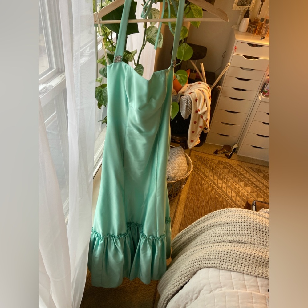 Vintage 80’s Gunne Sax by Jessica McClintock Green Satin Gown Dress Size 3/4
